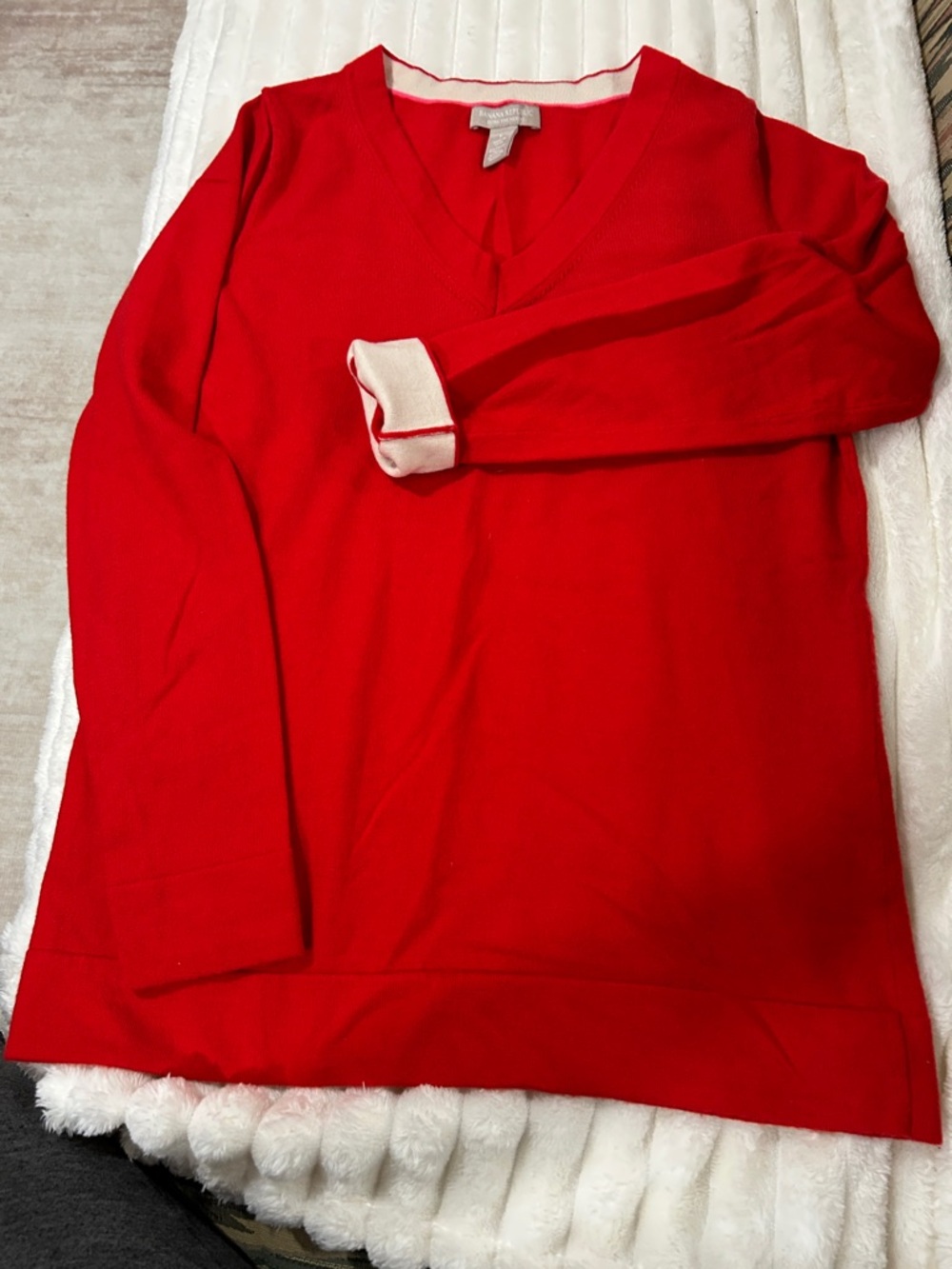 Banana Republic Red V-Neck Sweater with Contrast Cuff